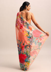 Dark Peach Floral Printed Organza Saree In Sequins With Unstitched Blouse