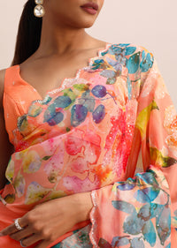 Dark Peach Floral Printed Organza Saree In Sequins With Unstitched Blouse