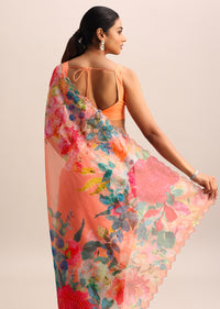 Dark Peach Floral Printed Organza Saree In Sequins With Unstitched Blouse