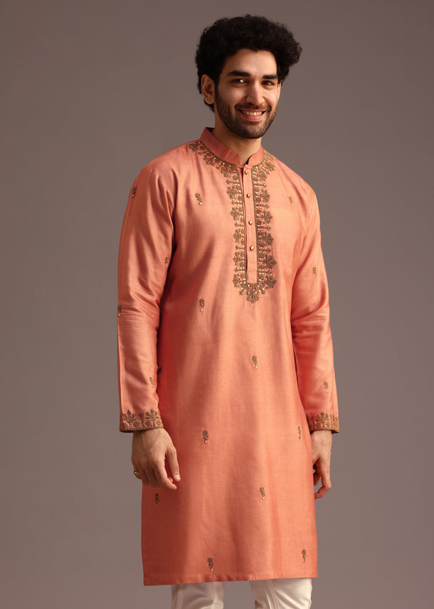 Peach Silk Hand Embroidered Kurta Set