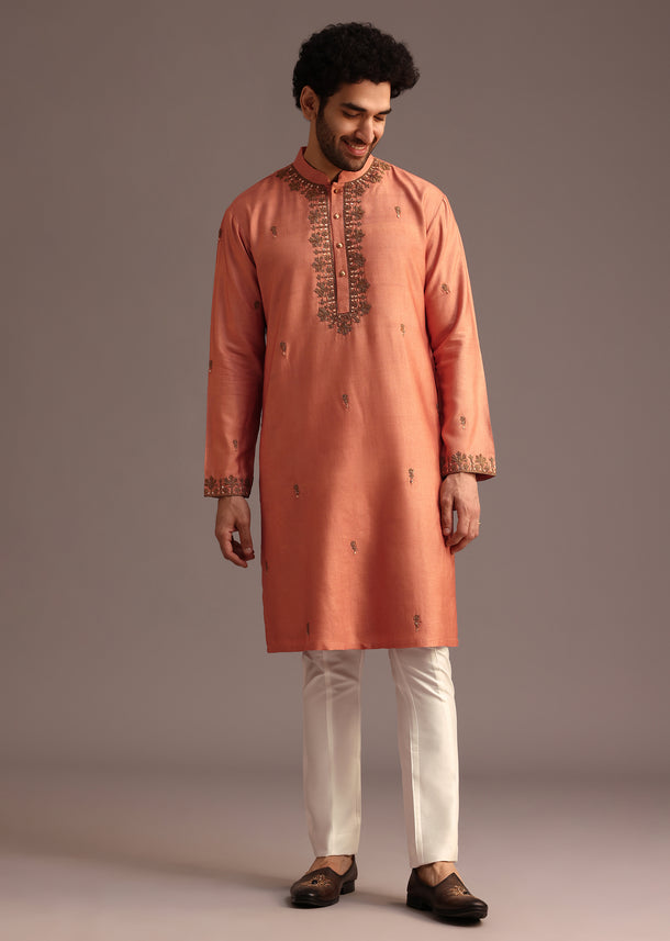 Peach Silk Hand Embroidered Kurta Set