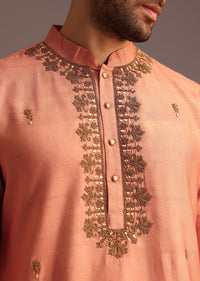 Peach Silk Hand Embroidered Kurta Set