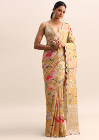 Gold Floral Printed Tissue Saree With Moti Work Border And Unstitched Blouse