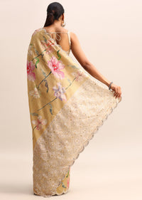 Gold Floral Printed Tissue Saree With Moti Work Border And Unstitched Blouse