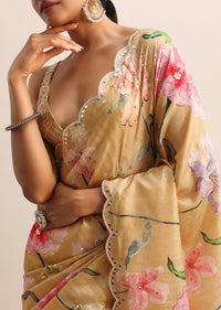 Gold Floral Printed Tissue Saree With Moti Work Border And Unstitched Blouse