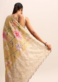 Gold Floral Printed Tissue Saree With Moti Work Border And Unstitched Blouse