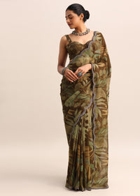 Brown Leaf Printed Soft Organza Saree With Embroidered Border