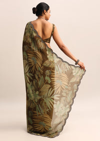 Brown Leaf Printed Soft Organza Saree With Embroidered Border