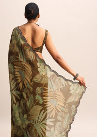 Brown Leaf Printed Soft Organza Saree With Embroidered Border