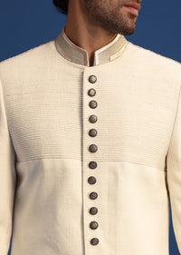 Off White Silk Sherwani Set With Zari Embroidery