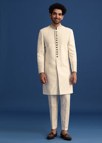 Off White Silk Sherwani Set With Zari Embroidery