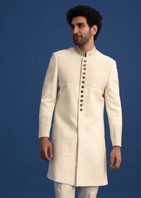 Off White Silk Sherwani Set With Zari Embroidery