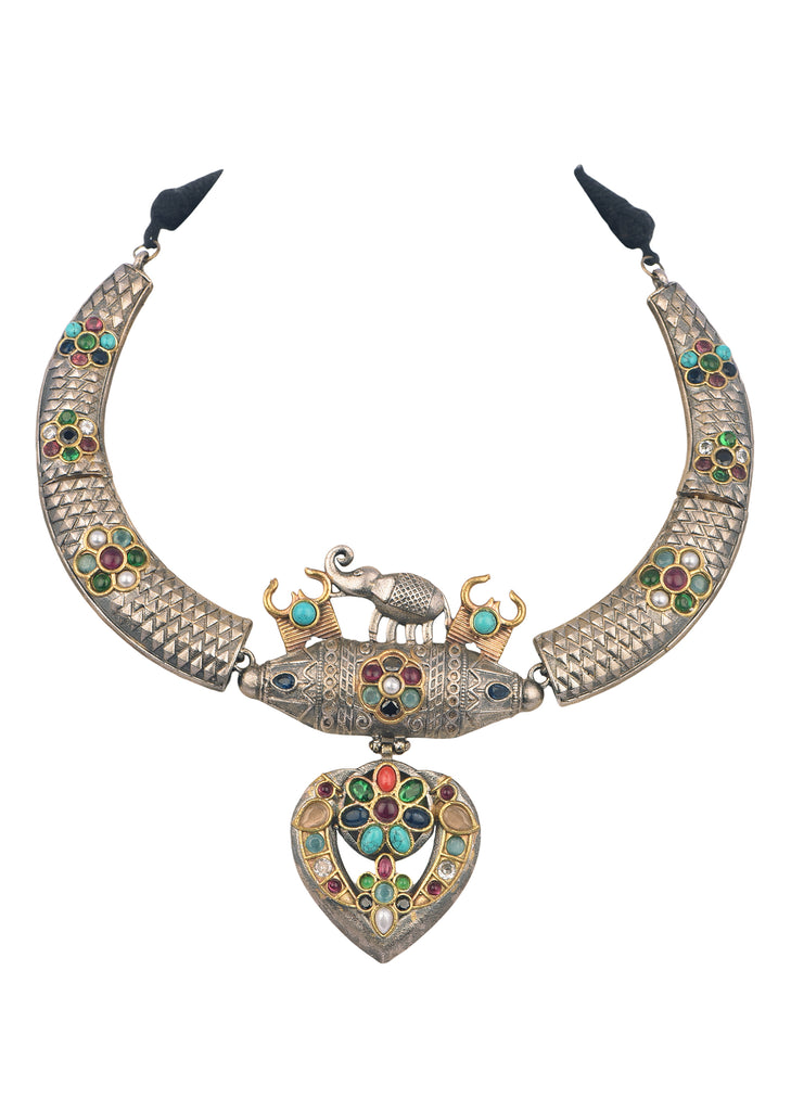 Silver And Multicolor Oxidized Ethnic Necklace Set In Mix Metal