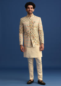 Off White Linen Satin Embroidered Jacket And Kurta Set