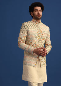 Off White Linen Satin Embroidered Jacket And Kurta Set