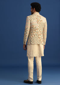 Off White Linen Satin Embroidered Jacket And Kurta Set