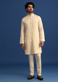 Off White Linen Satin Embroidered Jacket And Kurta Set