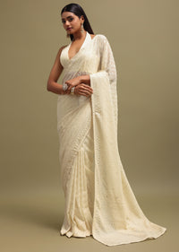 Off White Georgette Saree In Chikankari Work With Unstitched Blouse