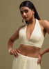 Off White Georgette Saree In Chikankari Work With Unstitched Blouse