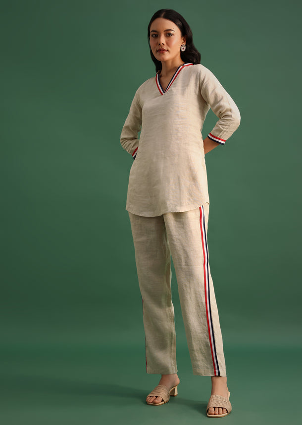 Beige Linen Top And Pant With Patch Work