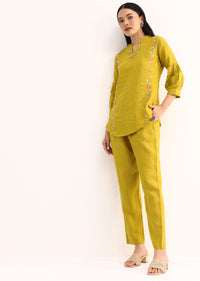 Mehendi Green Linen Co ord Set With Resham Work