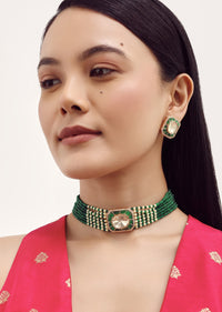 Emerald Stone Earrings And Polki Choker Set With In Mix Metal