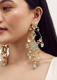 Mint Green Dangler Earrings With Kundan Work In Mix Metal