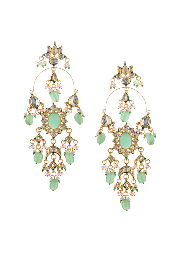 Mint Green Dangler Earrings With Kundan Work In Mix Metal