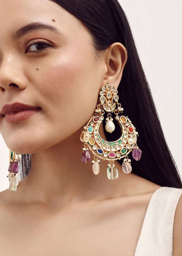 Multicolor Dangler Earrings With Kundan Work In Mix Metal