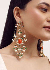 Orange And Gold Danglers With Kundan Work In Mix Metal