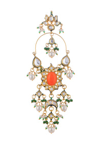 Orange And Gold Danglers With Kundan Work In Mix Metal