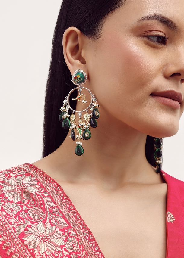 Emerald And Gold Danglers With Kundan Work In Mix Metal