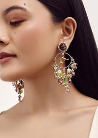 Purple And Gold Danglers With Kundan Work In Mix Metal