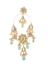 Blue And Gold Danglers With Kundan Work In Mix Metal