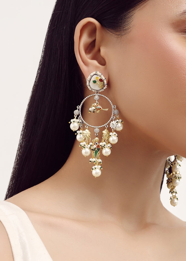 Dual Finish Danglers With Kundan Work In Mix Metal