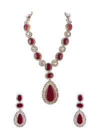 Gold Long Necklace Set With Ruby Stone In Mix Metal