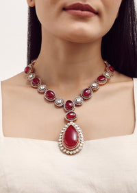 Gold Long Necklace Set With Ruby Stone In Mix Metal