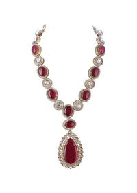 Gold Long Necklace Set With Ruby Stone In Mix Metal