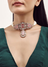 Gold Finish Choker Set With Pink Polki Stone Work In Mix Metal