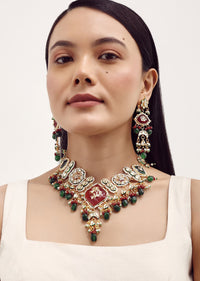 Gold Finish Kundan Necklace Set With Ruby And Emerald In Mix Metal