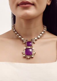 Gold Finish Necklace Set With Purple Polki Stones In Mix Metal