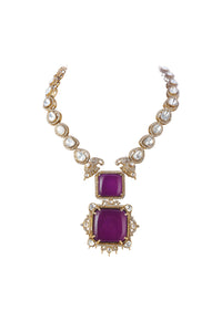 Gold Finish Necklace Set With Purple Polki Stones In Mix Metal