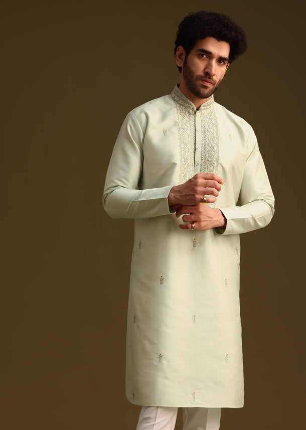 Pista Green Resham Work Kurta and Pant