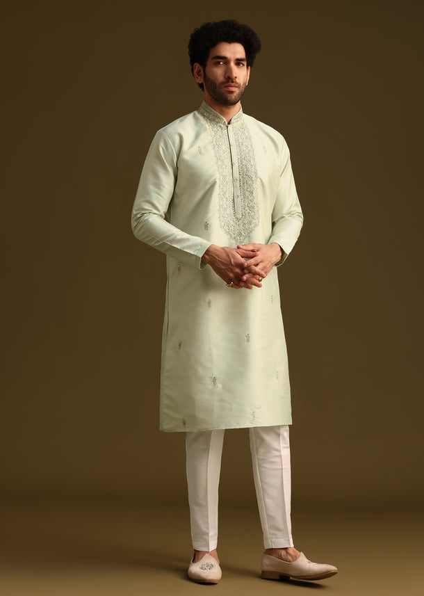 Pista Green Resham Work Kurta and Pant