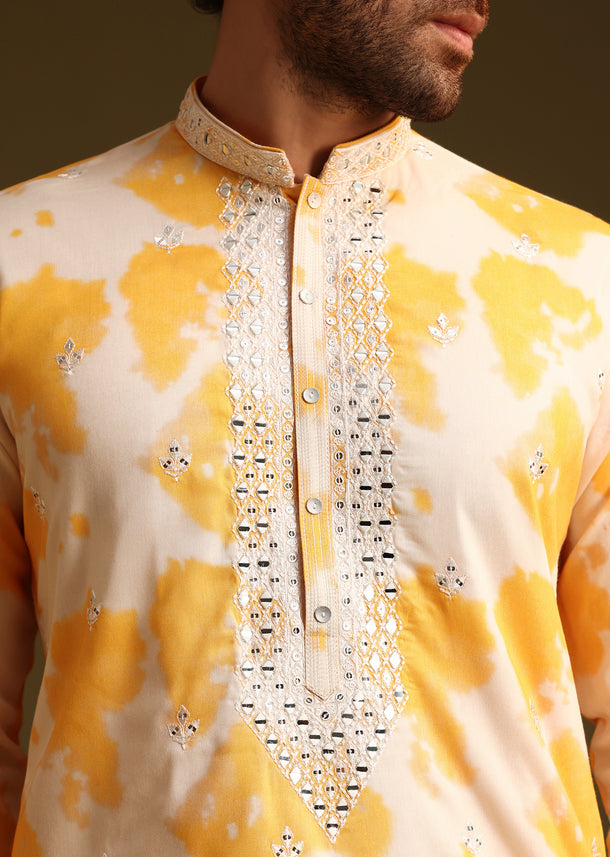 Yellow Tye Dye Print Kurta Set With Mirror Work