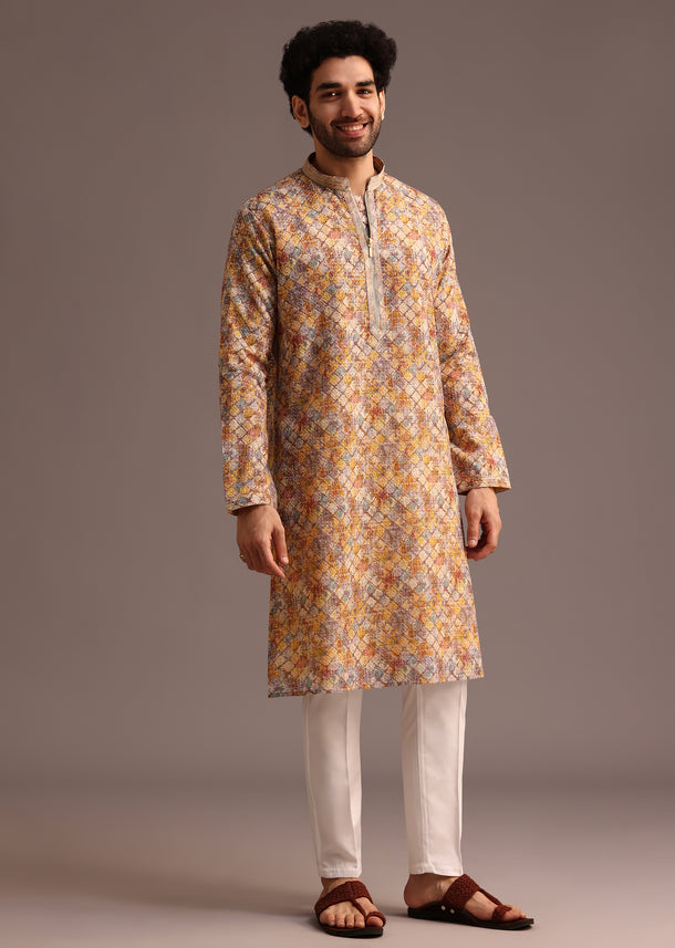 Multi Coloured Silk Kurta And Pant In Schiffli Work