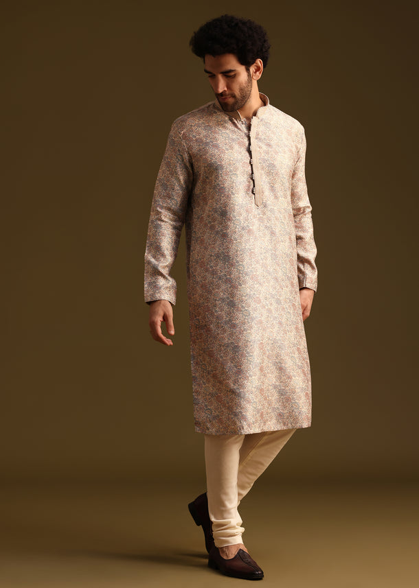 Beige Flower Print Kurta Set