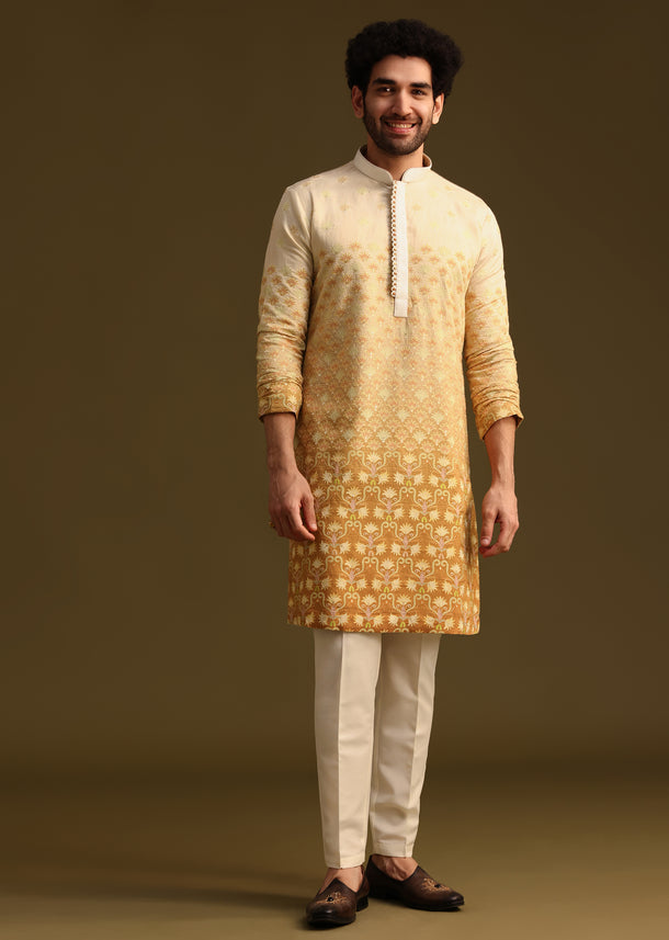 Yellow Ombre Style Embroidered Kurta Pant Set