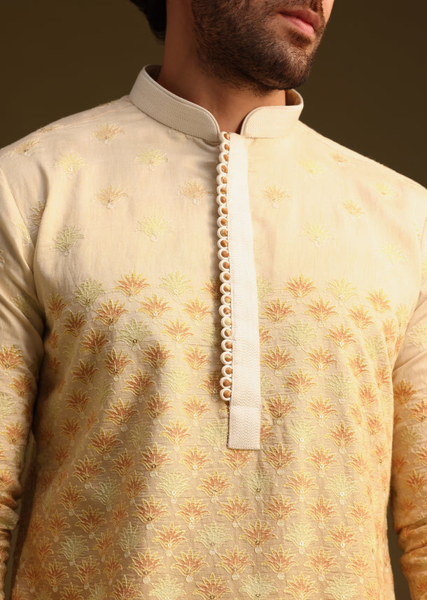 Yellow Ombre Style Embroidered Kurta Pant Set