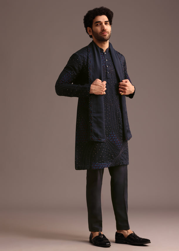 Navy Blue Silk Blend Embroidered Kurta Set With Dupatta